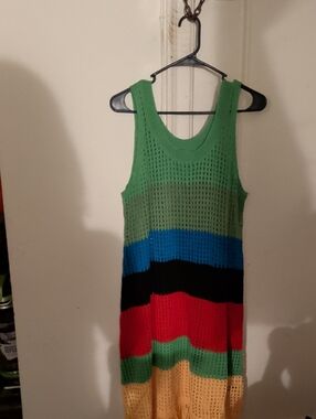 Striped Open-Knit Sleeveless Dress in Green, Blue, Black, Red & Yellow